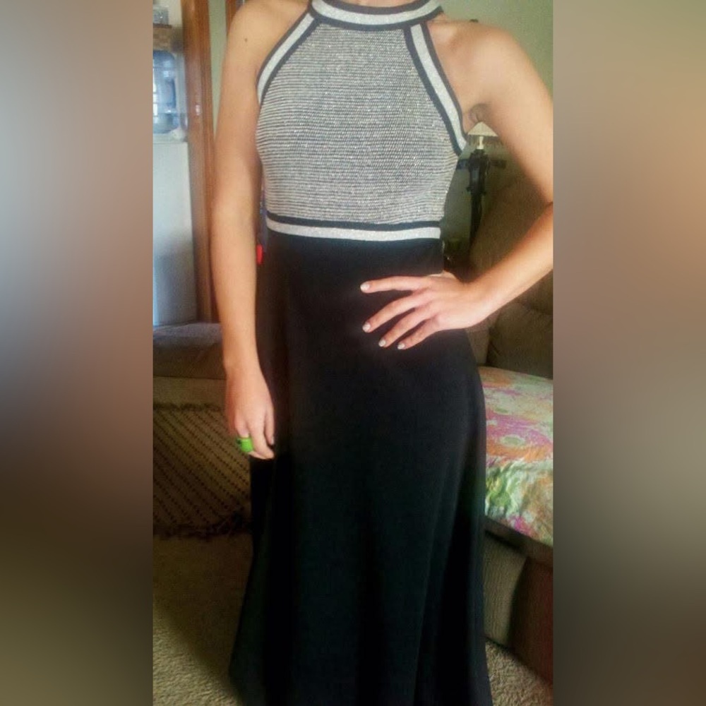 1970s Chic Black and Silver High Neck Maxi Dress